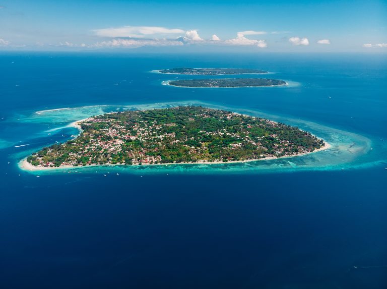 Aerial,View,With,Gili,Islands,And,Ocean,,Drone,Shot.,Gili