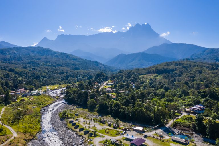 Aerial,View,Of,Melangkap,River,And,Mount,Kinabalu,On,Background