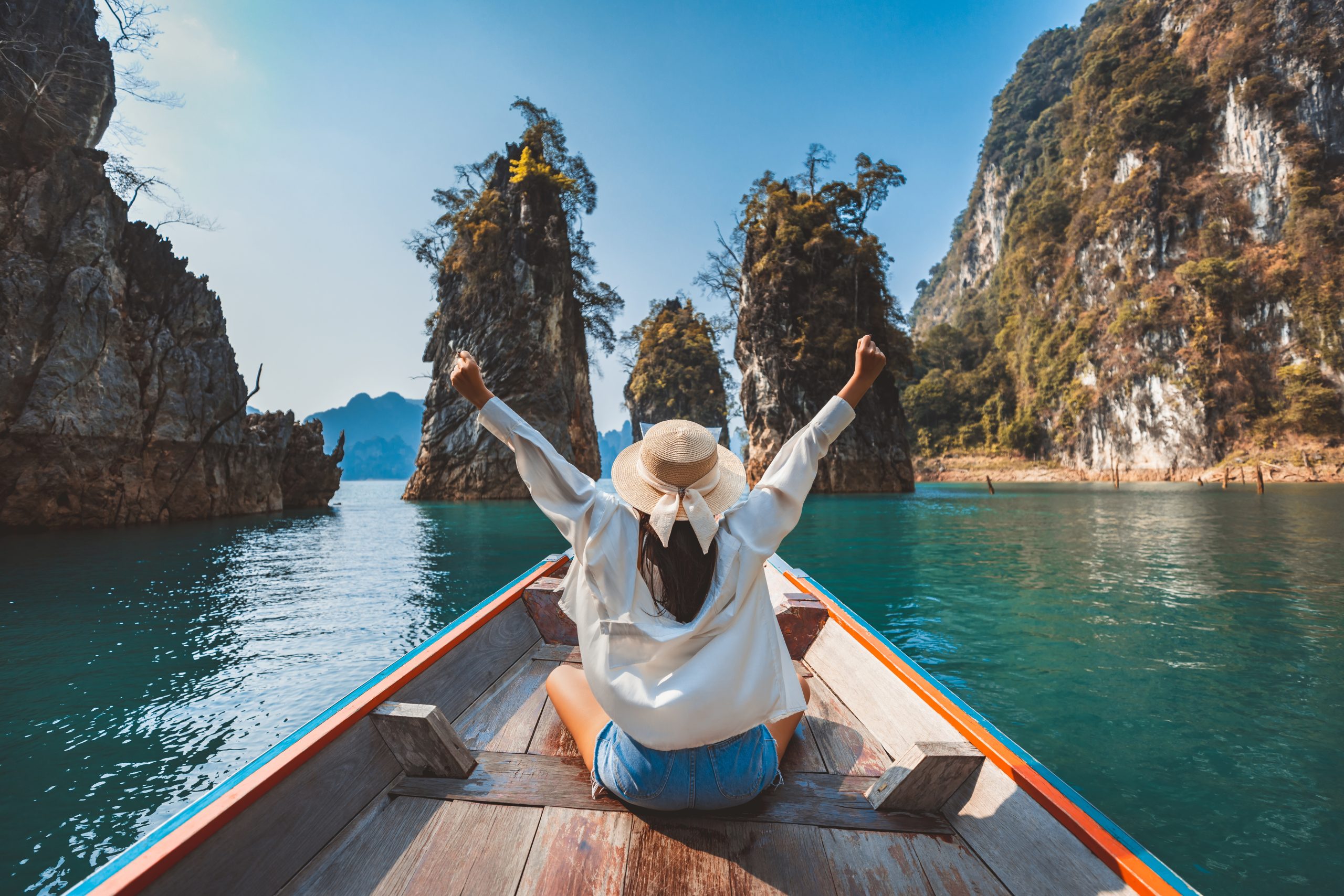 Travel,Summer,Vacation,Concept,,Happy,Solo,Traveler,Asian,Woman,With