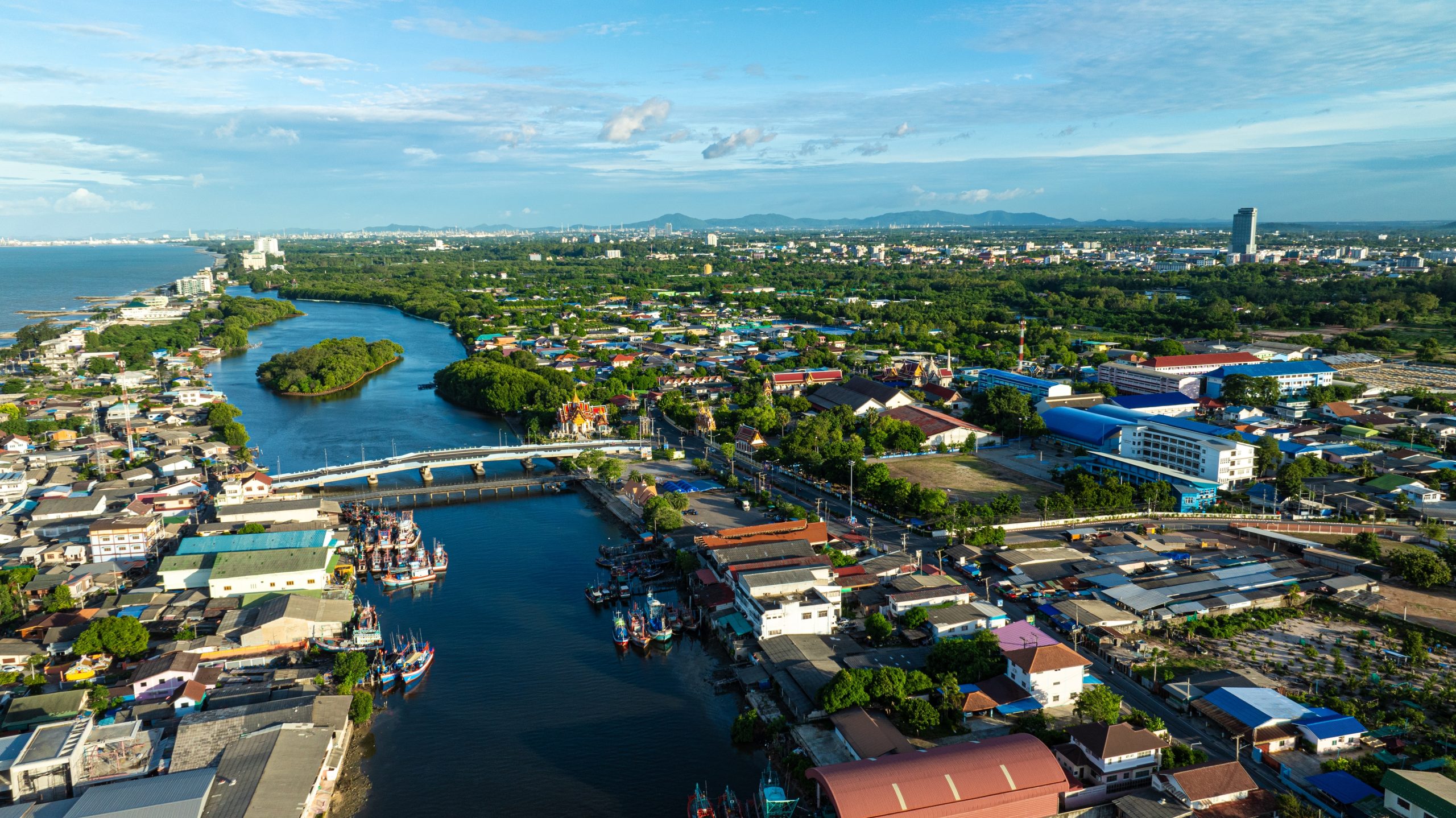 Aerial,View,Fishery,Village,Wooden,Boat,On,Sea,Bay,Rayong