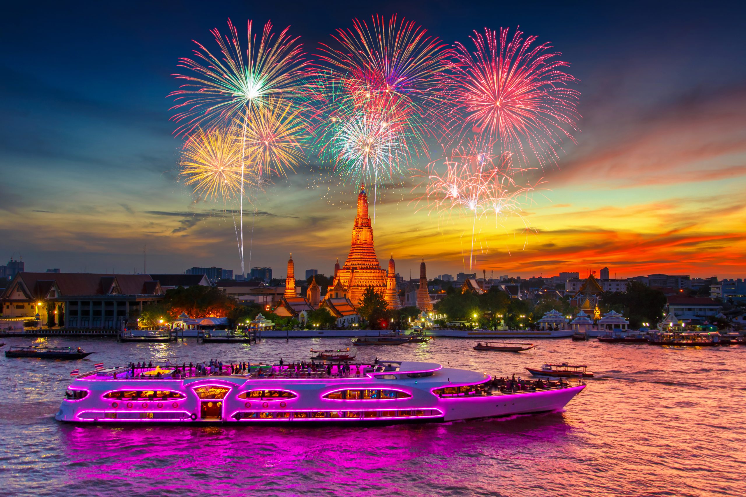 Fireworks,At,Wat,Arun,And,Cruise,Ship,In,Sunset,Time