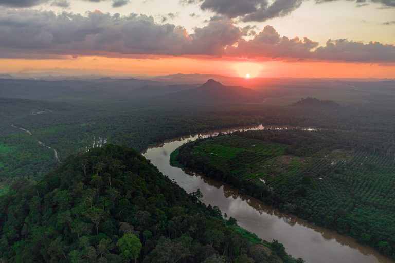Aerial,Drone,View,Of,Kinabatangan,River,Tropical,Rainforest,In,Borneo.