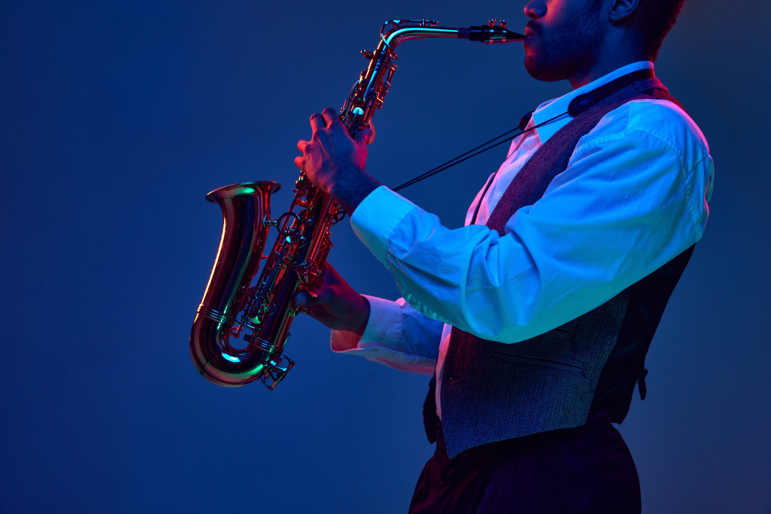 African-american,Jazz,Musician,Playing,Saxophone,His,Major,Melodies,Against,Blue